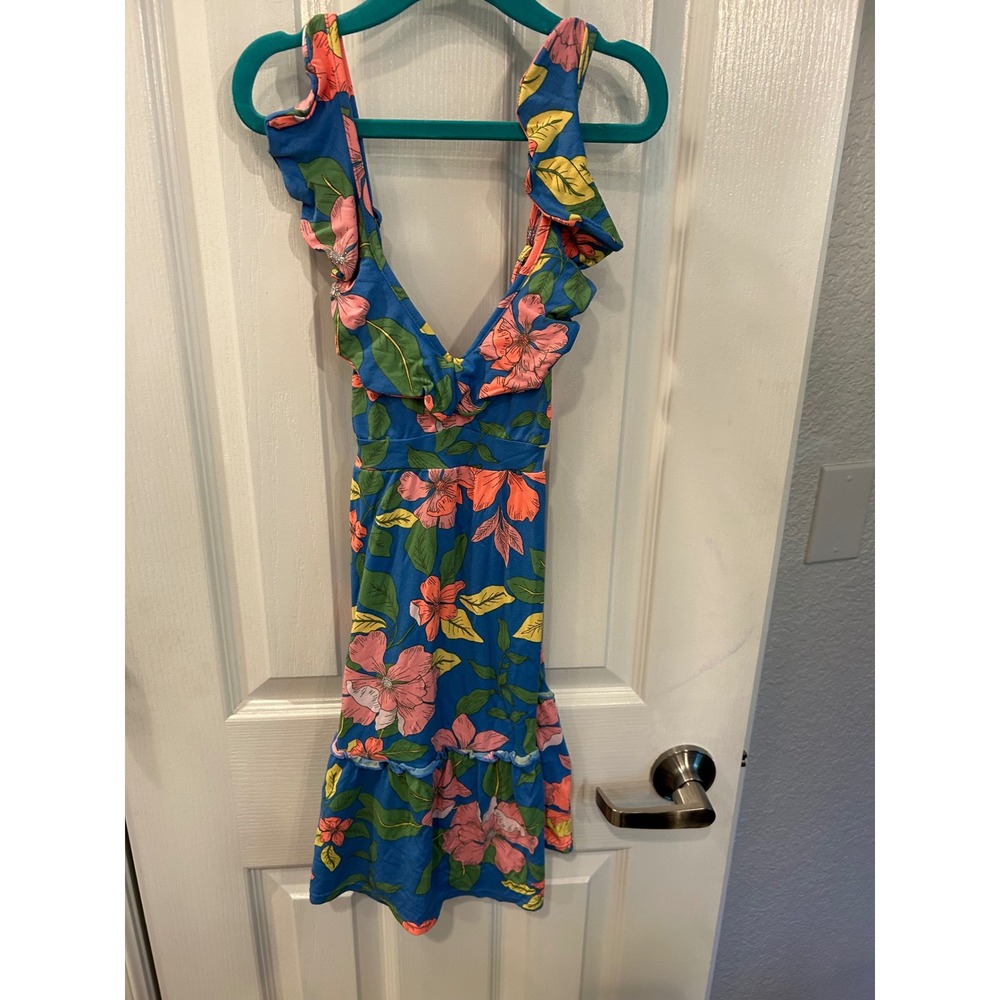 Maaji Floral Dress‎ Blue Pink Ruffle Tiered Criss Cross Back Summer Girls 10